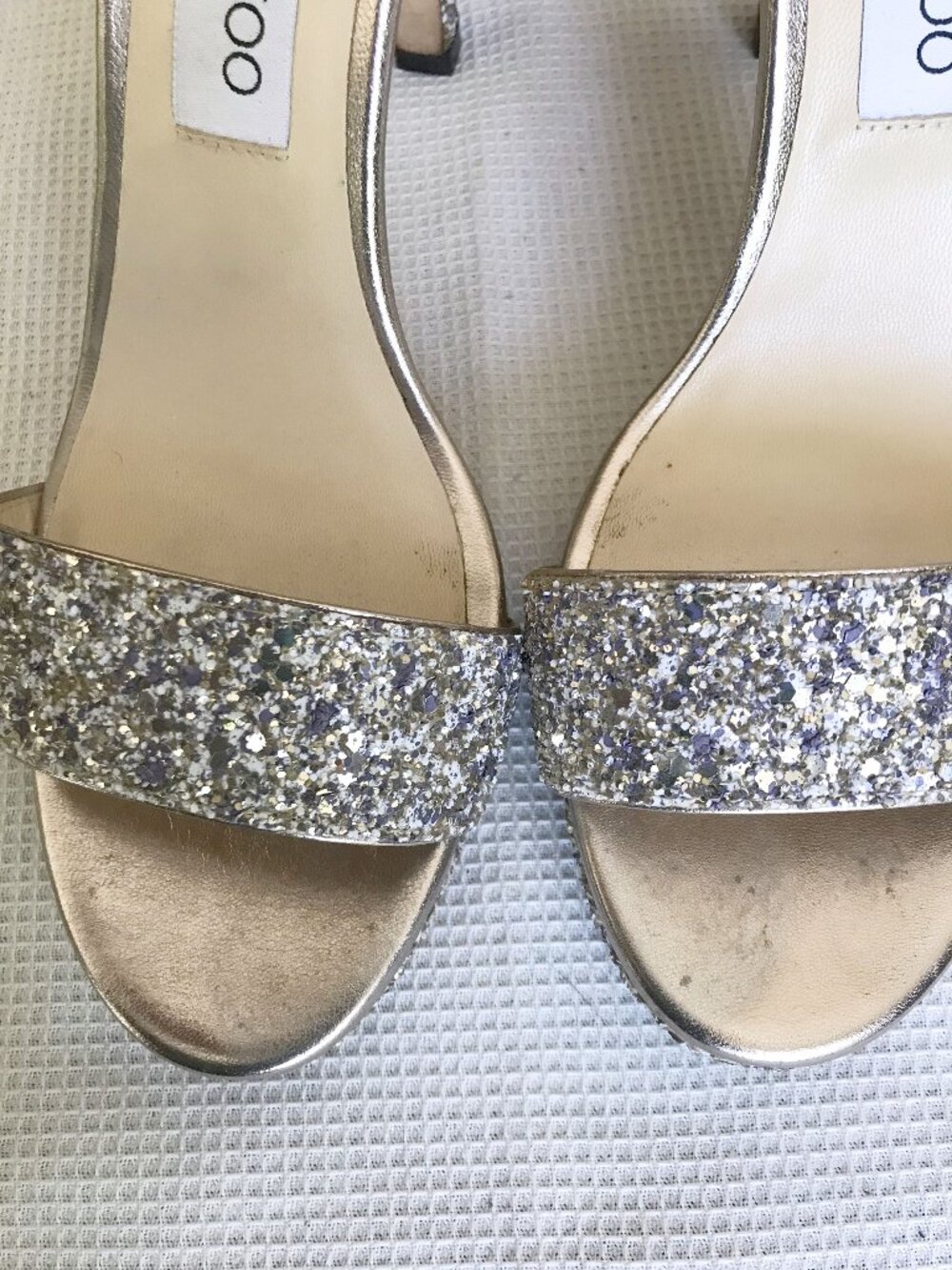 JIMMY CHOO Misty Metallic Glitter Sandal in Champagne, size 38 (US 8), Imperfect - Picture 15 of 16